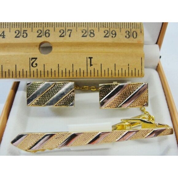 Cufflinks Set w Neck Tie Clip Gold Tone Unique Design Shirt Suit Vintage IOB - Picture 4 of 10